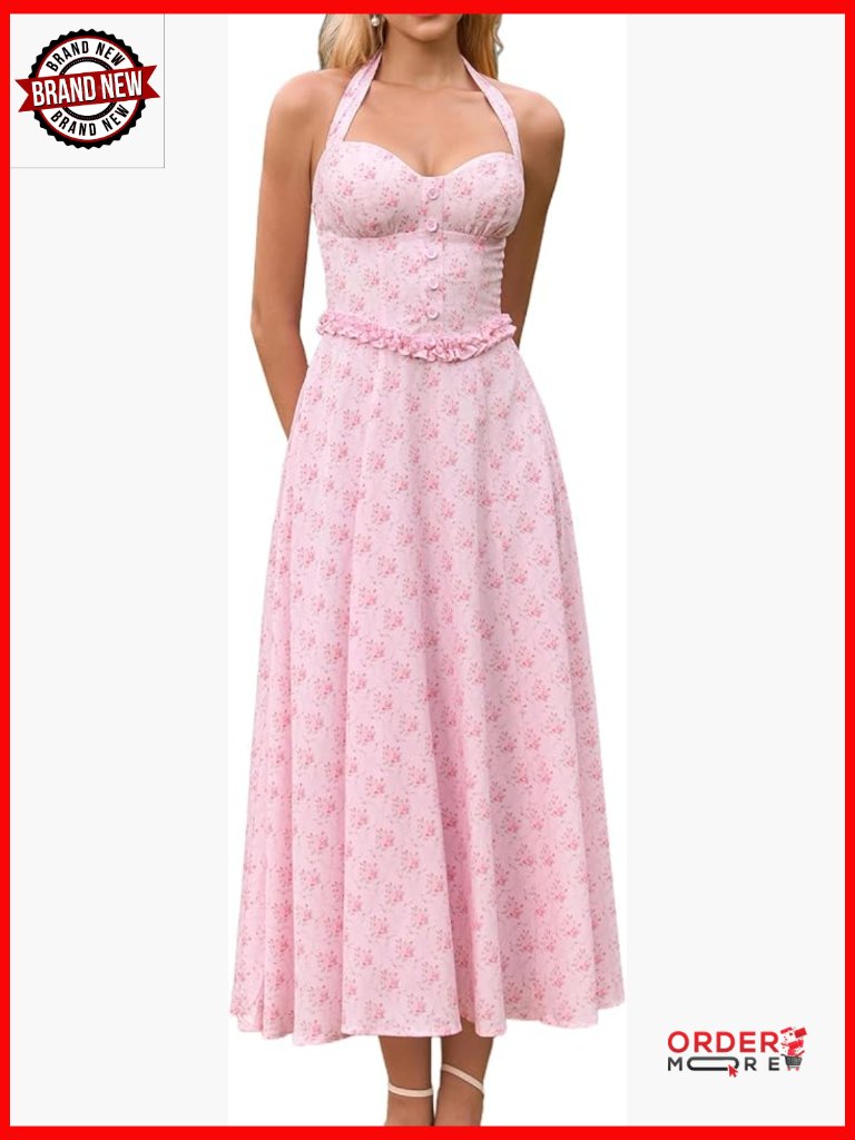Women's Halter Corset Midi Dress A-Line Formal Summer Wedding Guest